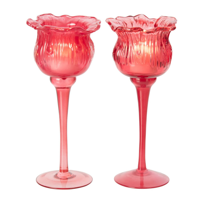 J-Line photophore sur base tulipe - verre - fuchsia - small - assortiment de 2