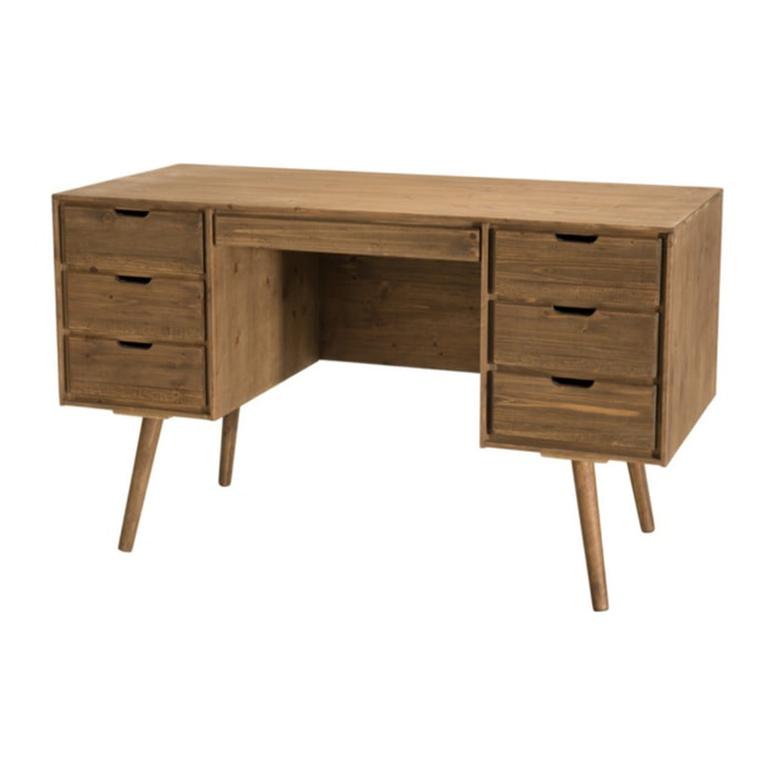 ANDY - Bureau scandi bois marron 6 tiroirs Sapin