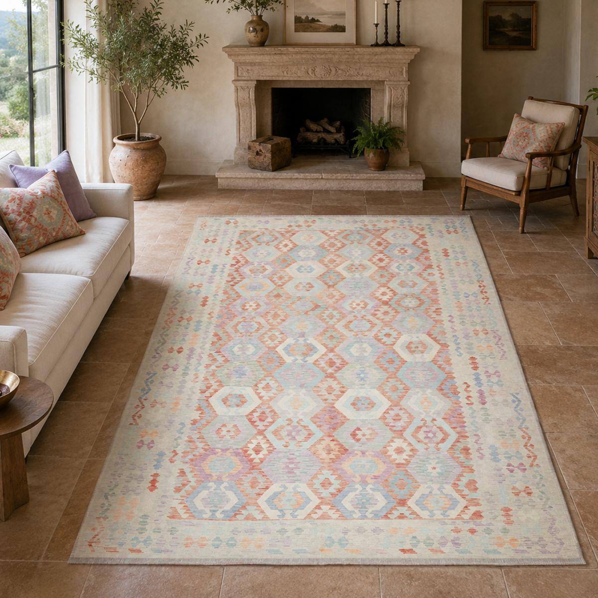 Tapis kilim géométrique, tissé plat en laine, VADOSET