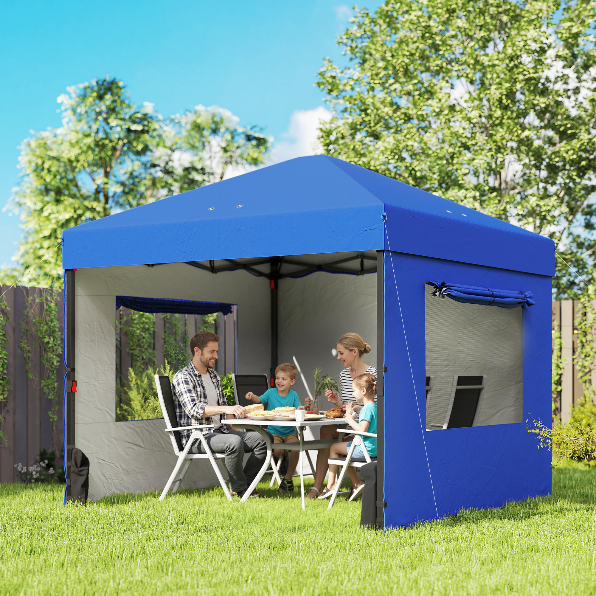 Carpa Plegable 3x3 m, Pop-up, Cenador Pabellón de Jardín con 3 Paredes Laterales, 2 Ventanas Malla, UPF50+, Altura Ajustable 3 Niveles, Bolsa Transporte, Sacos Arena, Gazebo Exterior, Azul