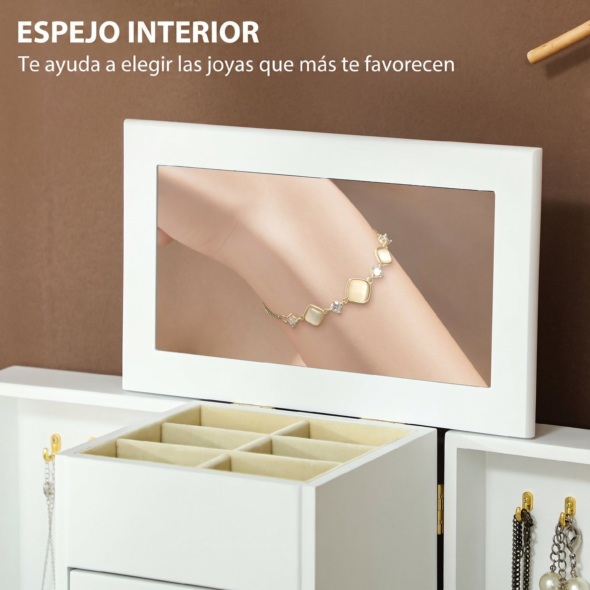 Caja Joyero de 4 Niveles, Joyero Mujer Organizador Grande con 2 Cajones, Espejo, Puertas Laterales Giratorias con Ganchos, para Pendientes, Anillos, Collares, Blanco