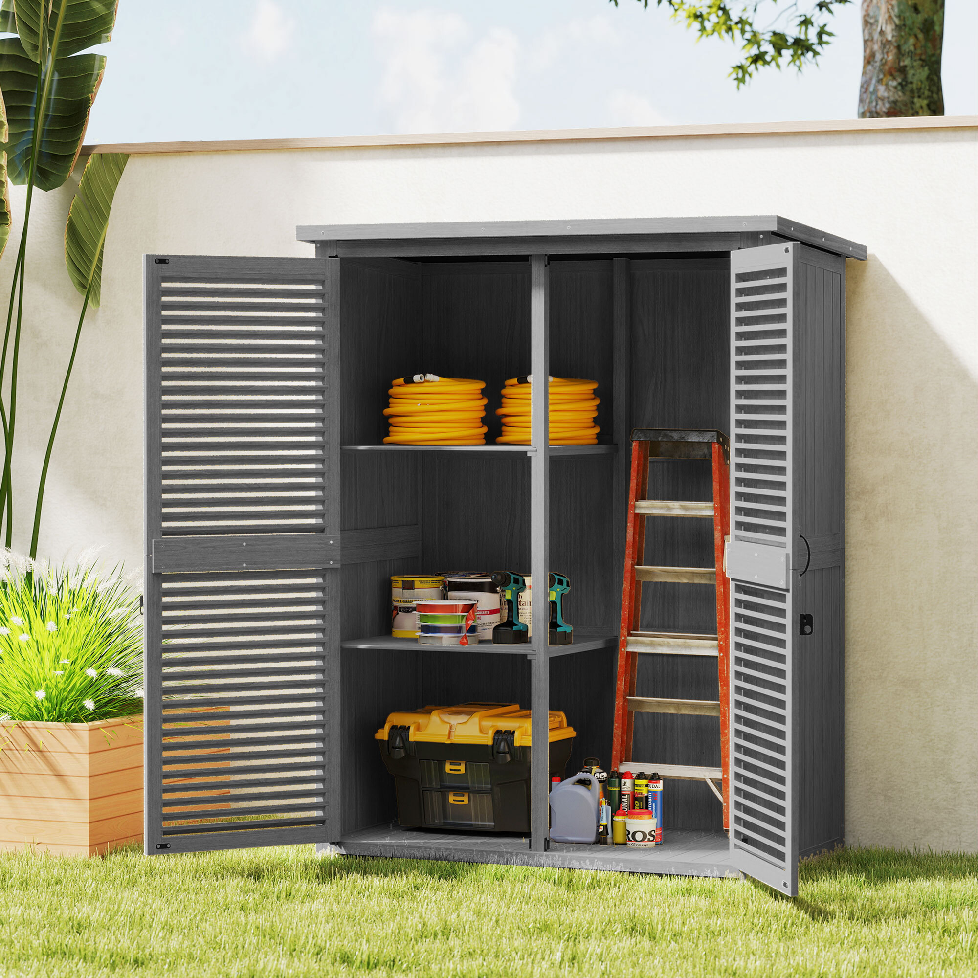 Caseta de Jardín de Madera, 127x65x168 cm, Cobertizo Jardín Exterior, Armario para Almacenaje Herramientas, con 2 Puertas de Persiana 2 Estantes Techo Impermeable para Patio Terraza, Gris