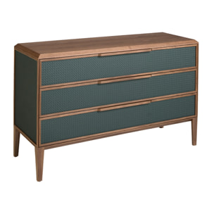 Cómoda con estructura de PVC en verde oscuro y patas de madera chapada en nogal natural 119x46x75cm