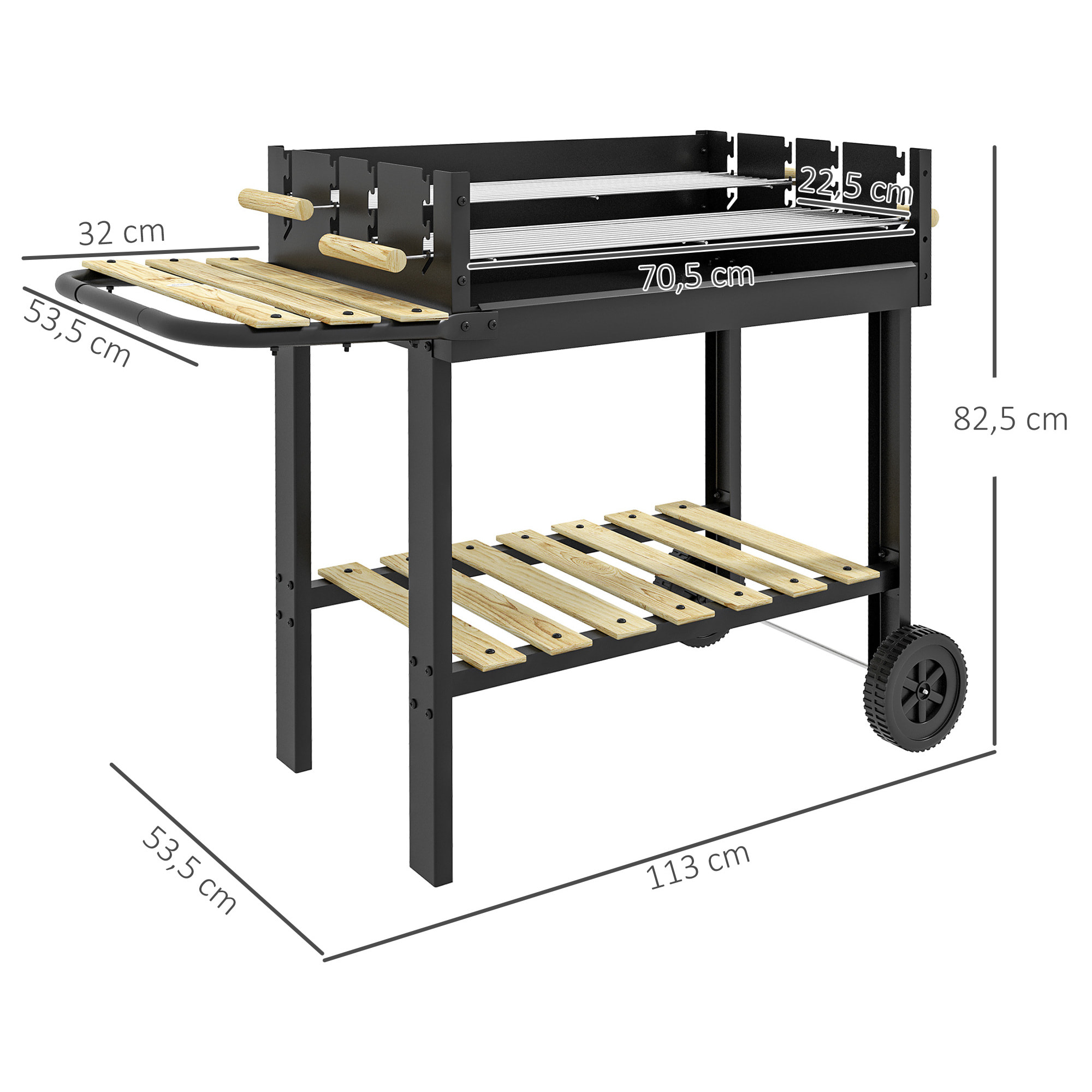 Barbacoa de Carbón, Barbacoa Portátil, 113x53,5x82,5 cm, con 2 Parrillas Alturas Ajustables, Mesa Lateral, Estante y Ruedas, para Jardín o Fiesta al Aire Libre, Negro