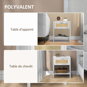 Table de chevet tiroir et étagère cannage en rotin dim. 40L x 40l x 48H cm MDF aspect bois blanc