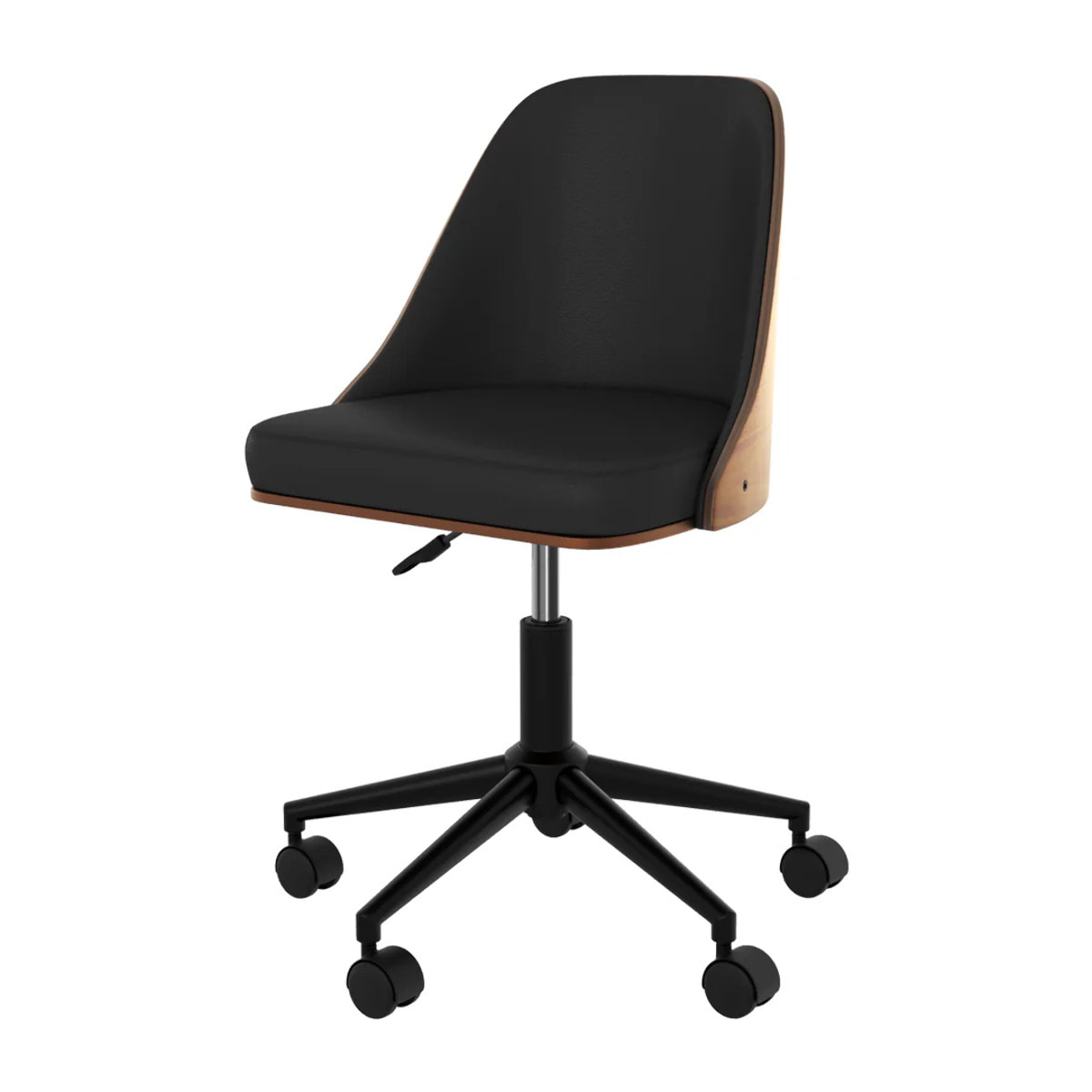 Chaise de bureau pivotante sur roulettes en bois foncé et PU noir - Georges