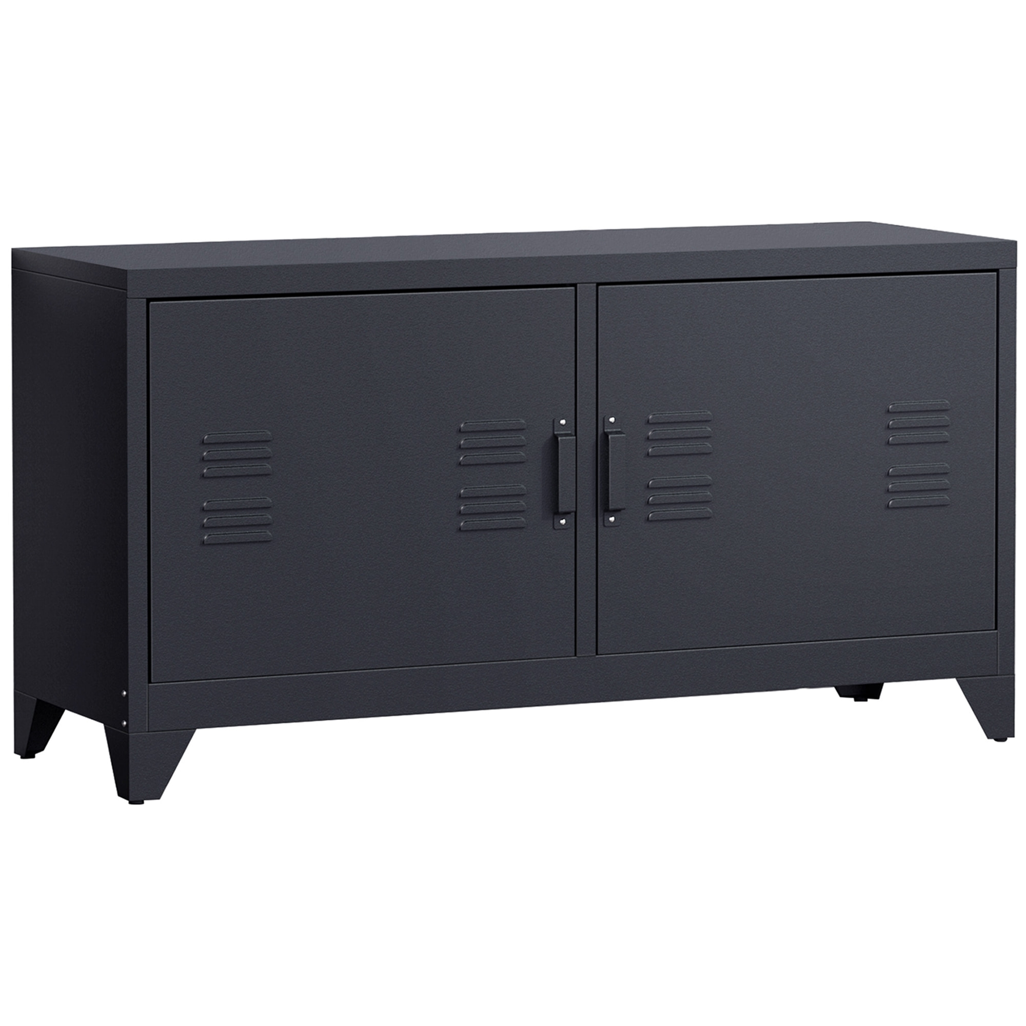 Meuble TV banc TV design industriel - 2 placards, 2 étagères, 4 passe-fils - tôle métal noir