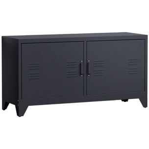 Meuble TV banc TV design industriel - 2 placards, 2 étagères, 4 passe-fils - tôle métal noir