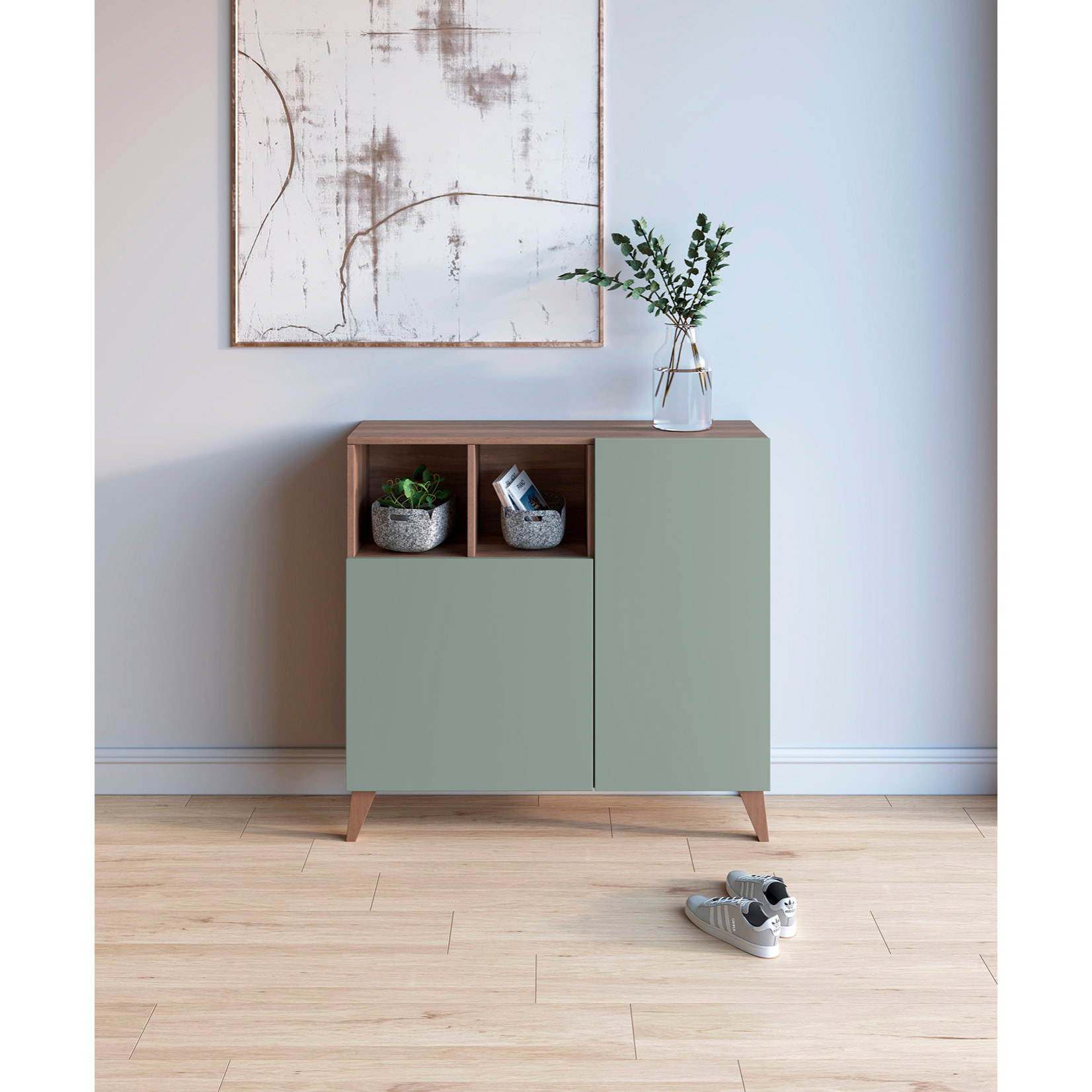 Zapatero Oslo melamina nogal puertas verde 87x90x27 cm