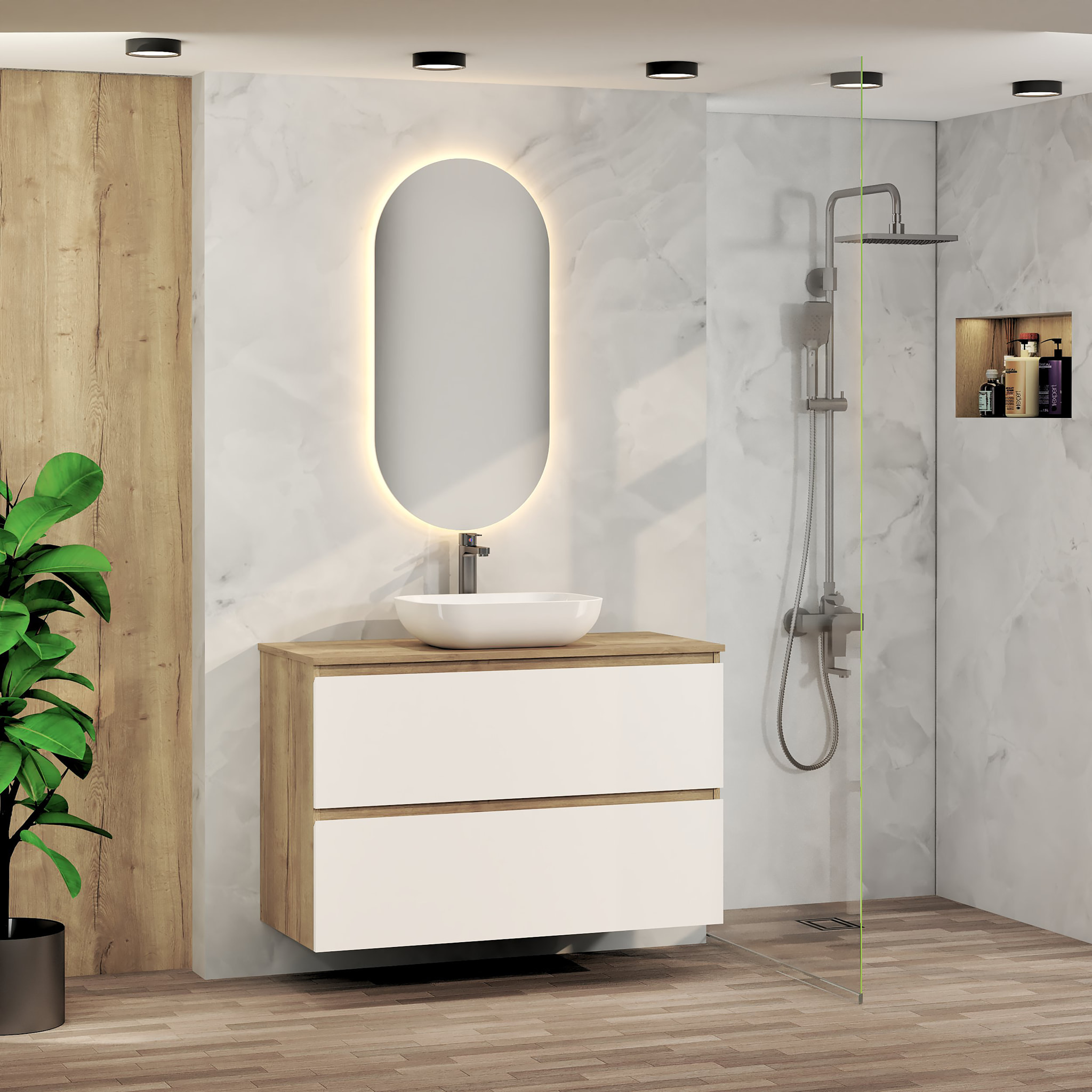 Ensemble de Salle de Bain Nia | Meuble Suspendu | 100 cm Blanc | Deux Tiroirs |Lavabo sur Plan | Miroir non inclus | Meuble Monté | Alday
