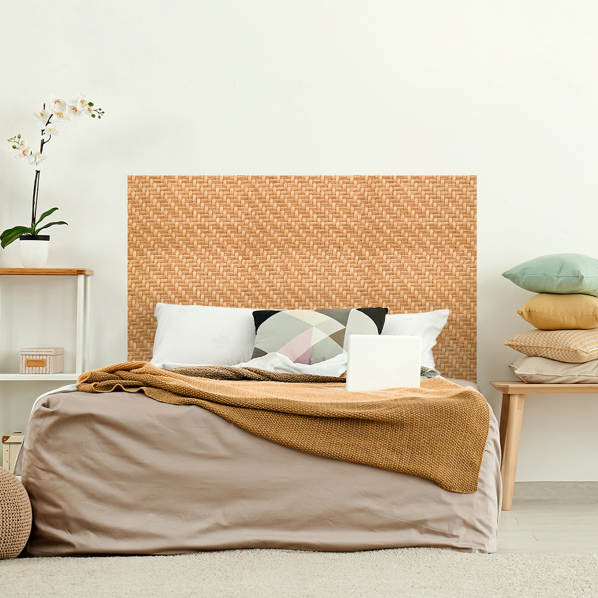 Rouleau revêtement adhésif vinyle au mètre - Sticker mural tête de lit - ROTIN TRESSÉ NATUREL