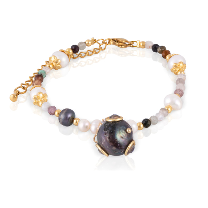 Pulsera barroca con colgante de perla negra, circonitas y cierre de mosquetón.
