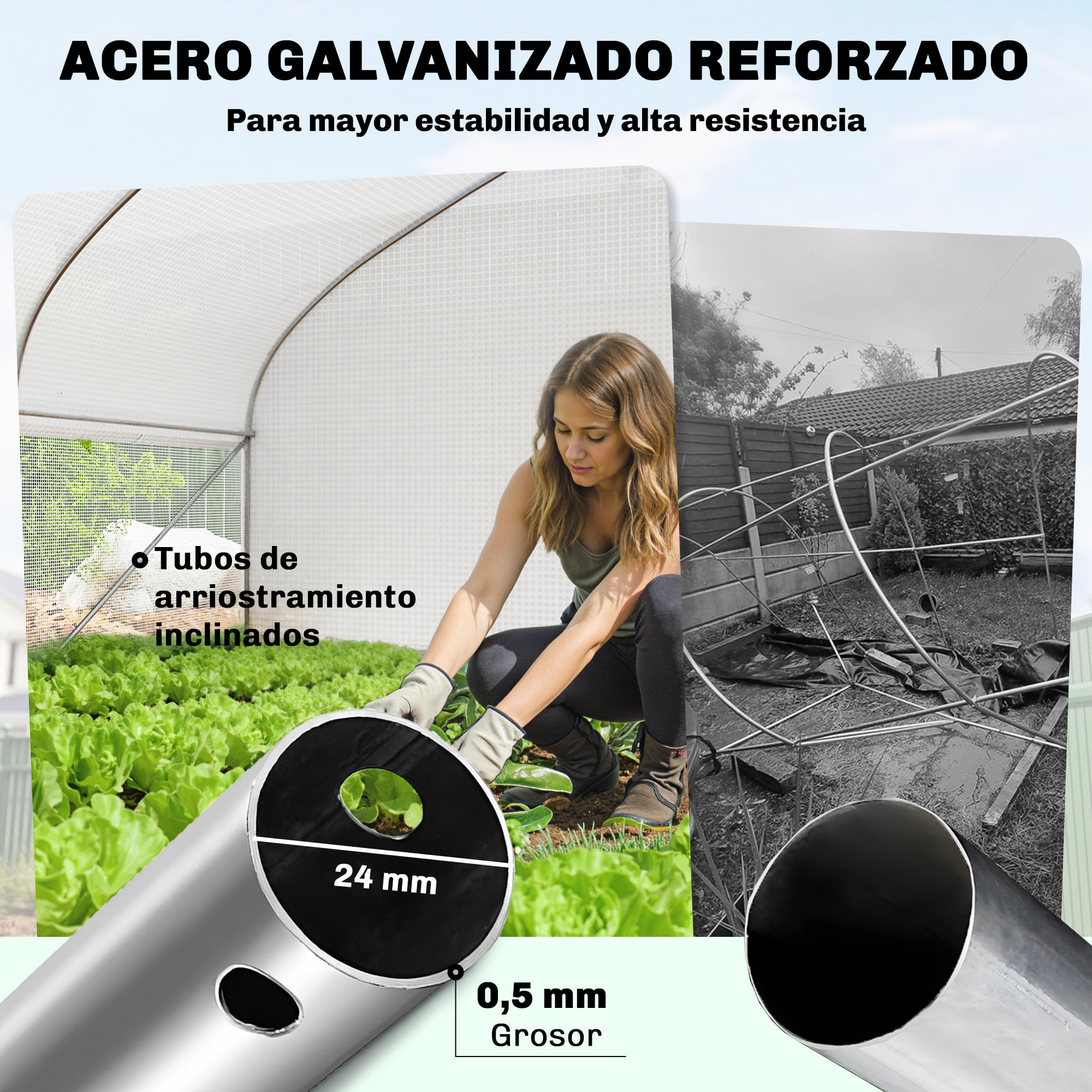 Invernadero de Exterior, 6x3x2 m, Invernadero de Túnel con 8 Ventanas, Cubierta de PE, Anti-UV y Puerta Enrollable con Cremallera, Paredes Laterales con Malla, para Cultivos, Plantas, Blanco