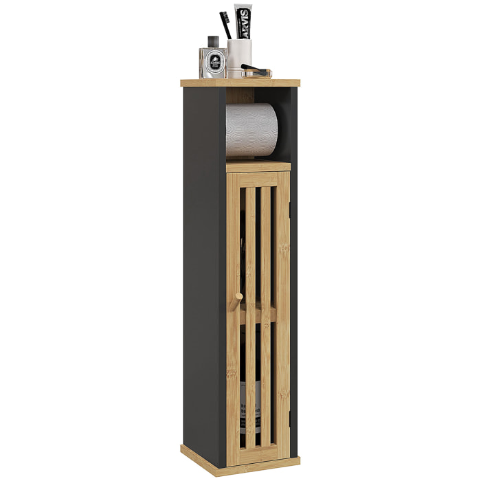 Meuble WC avec support papier toilette - porte, étagère - MDF noir bambou verni