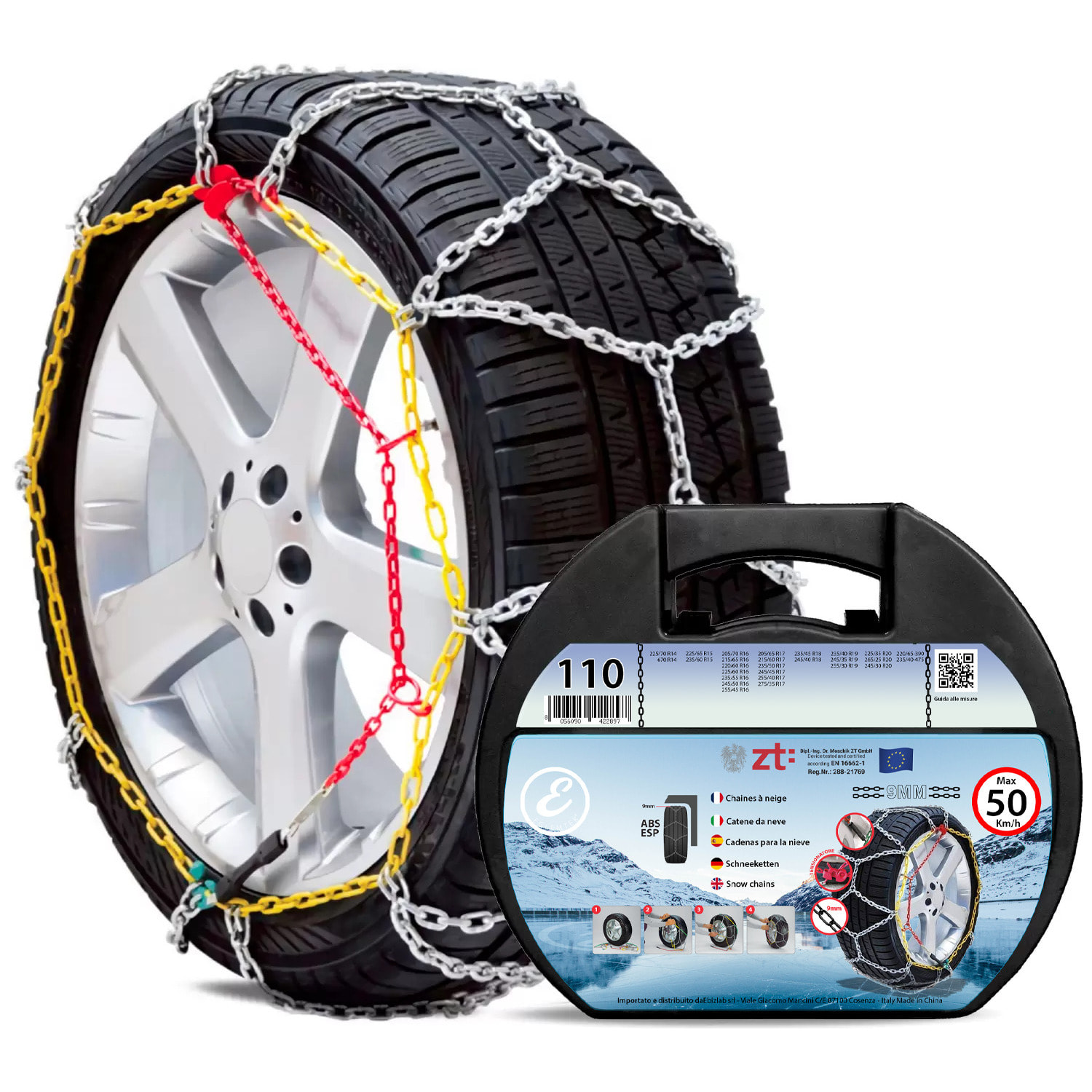 Catene Da Neve In Metallo 9 mm Omologate TUV e GS Onorm Montaggio Rapido Per Auto Macchina Furgone SUV Con Tensionatore Autobloccante (Misura 110)