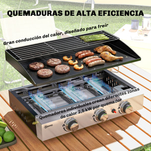 Barbacoa de Gas BBQ Gas con 3 Quemadores 7,5 kW, Barbacoa Portátil con Plancha, Rejilla Calentadora y Recogedor Grasa, para Camping, Picnic, Terraza, Negro