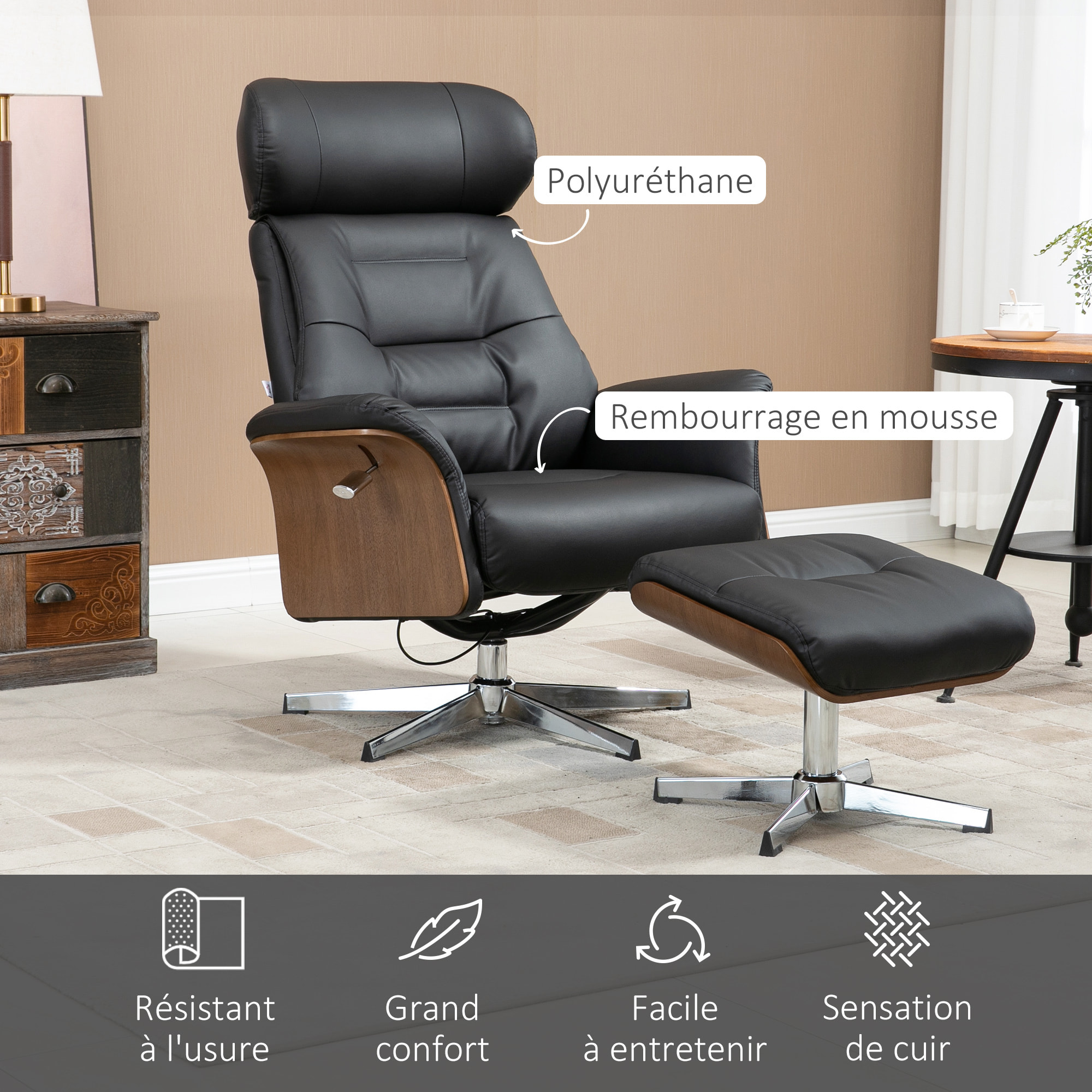 Fauteuil relax avec repose-pieds - ensemble lounge chair design - acier chromé bois eucalyptus synthétique noir