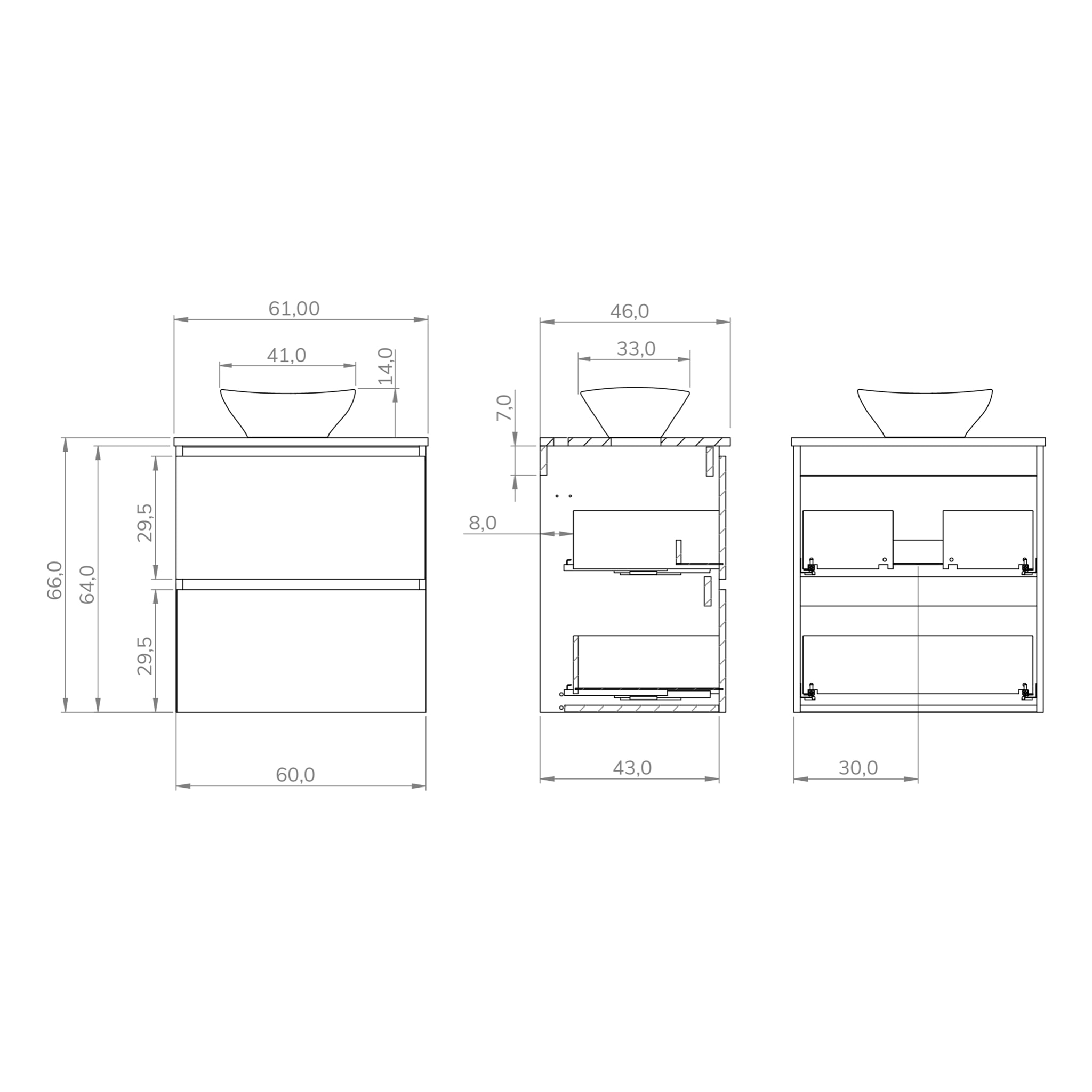 Conjunto de Baño Kaji | Mueble de Baño Suspendido | 60 cm Teka| Dos Cajones | Lavabo Redondo sobre Encimera | No incluye Espejo | Alday
