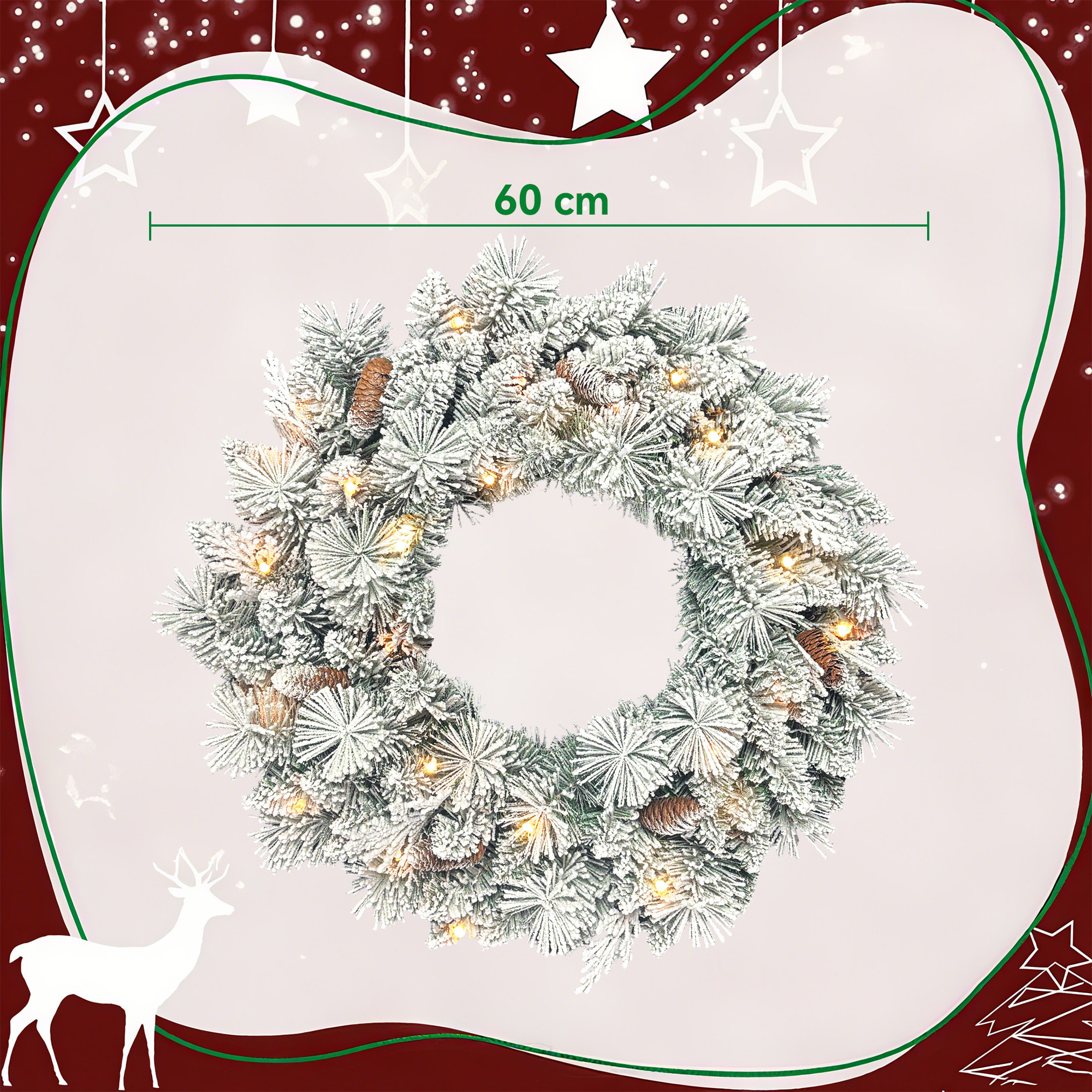 Couronne de Noël LED x 35 blanc chaud dia. 60 cm pommes de pin vert blanc