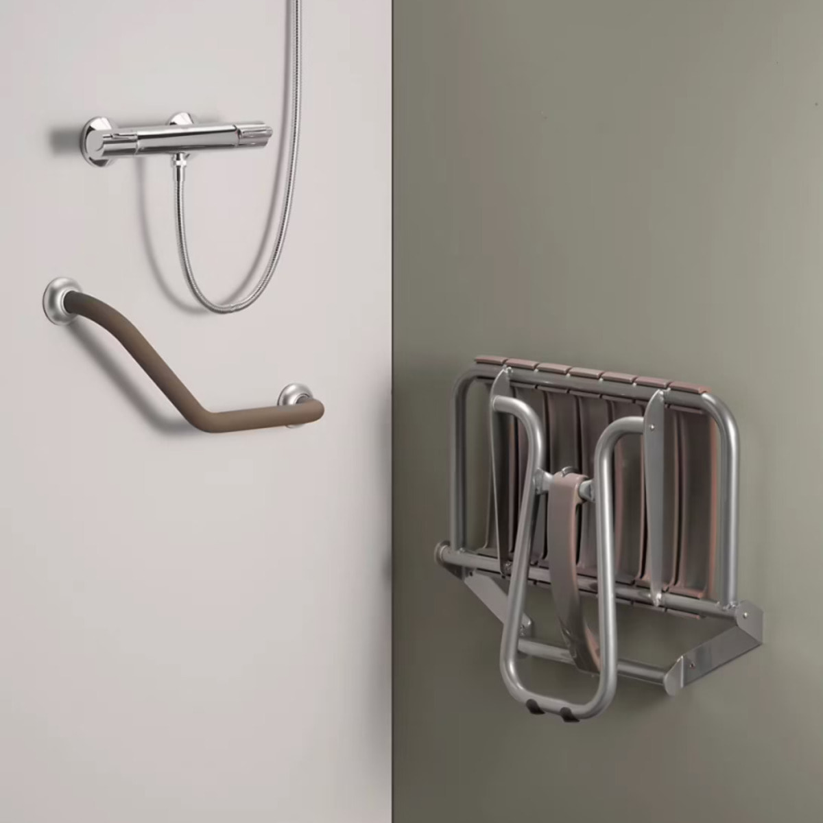 Siége de douche PMR PELLET Essentiel confort assise large avec pied aluminium époxy gris lattes taupe