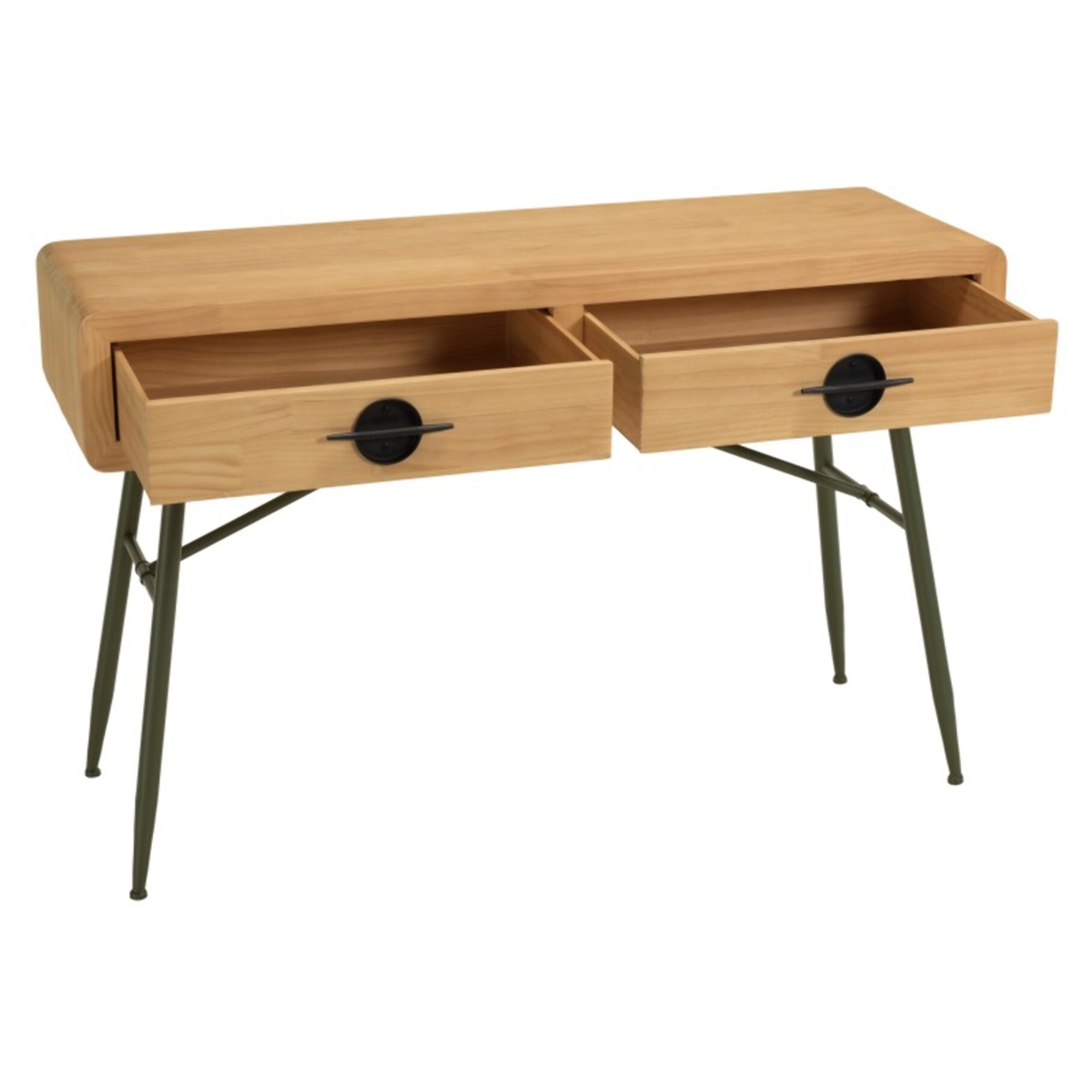 HELENA - Console 2 tiroirs en pin couleur naturelle et pieds métal vert