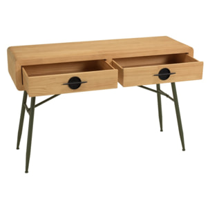HELENA - Console 2 tiroirs en pin couleur naturelle et pieds métal vert