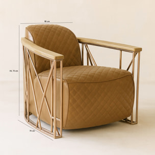 Fauteuil cuir noisette matelassé et structure inox cuivré ENNIO