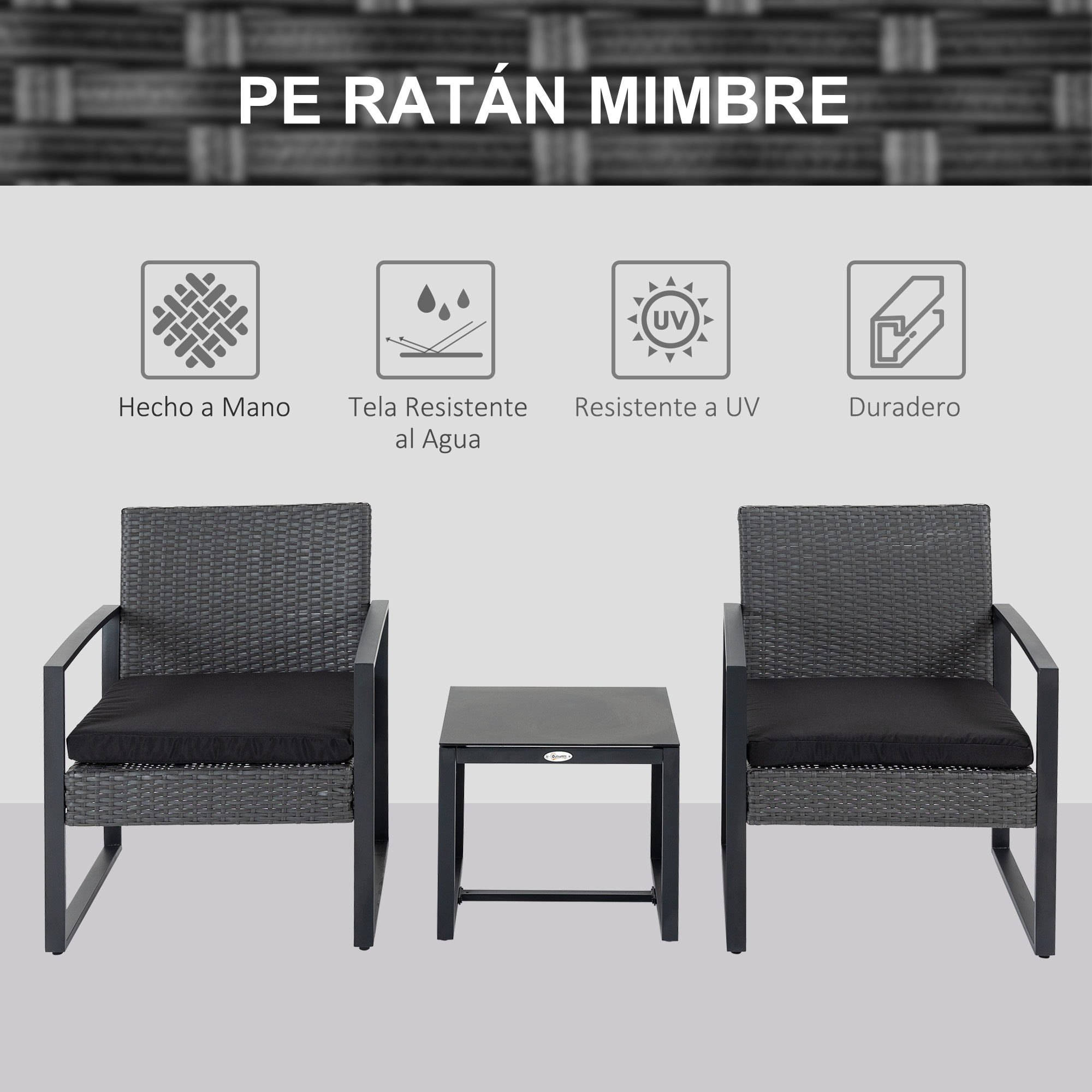 Conjunto de Jardín Exterior de 3 Piezas Juego de 2 Sillas y Mesa de Ratán con Cojines Acolchados y Encimera de Vidrio para Balcón Terraza Gris y Negro