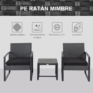 Conjunto de Jardín Exterior de 3 Piezas Juego de 2 Sillas y Mesa de Ratán con Cojines Acolchados y Encimera de Vidrio para Balcón Terraza Gris y Negro