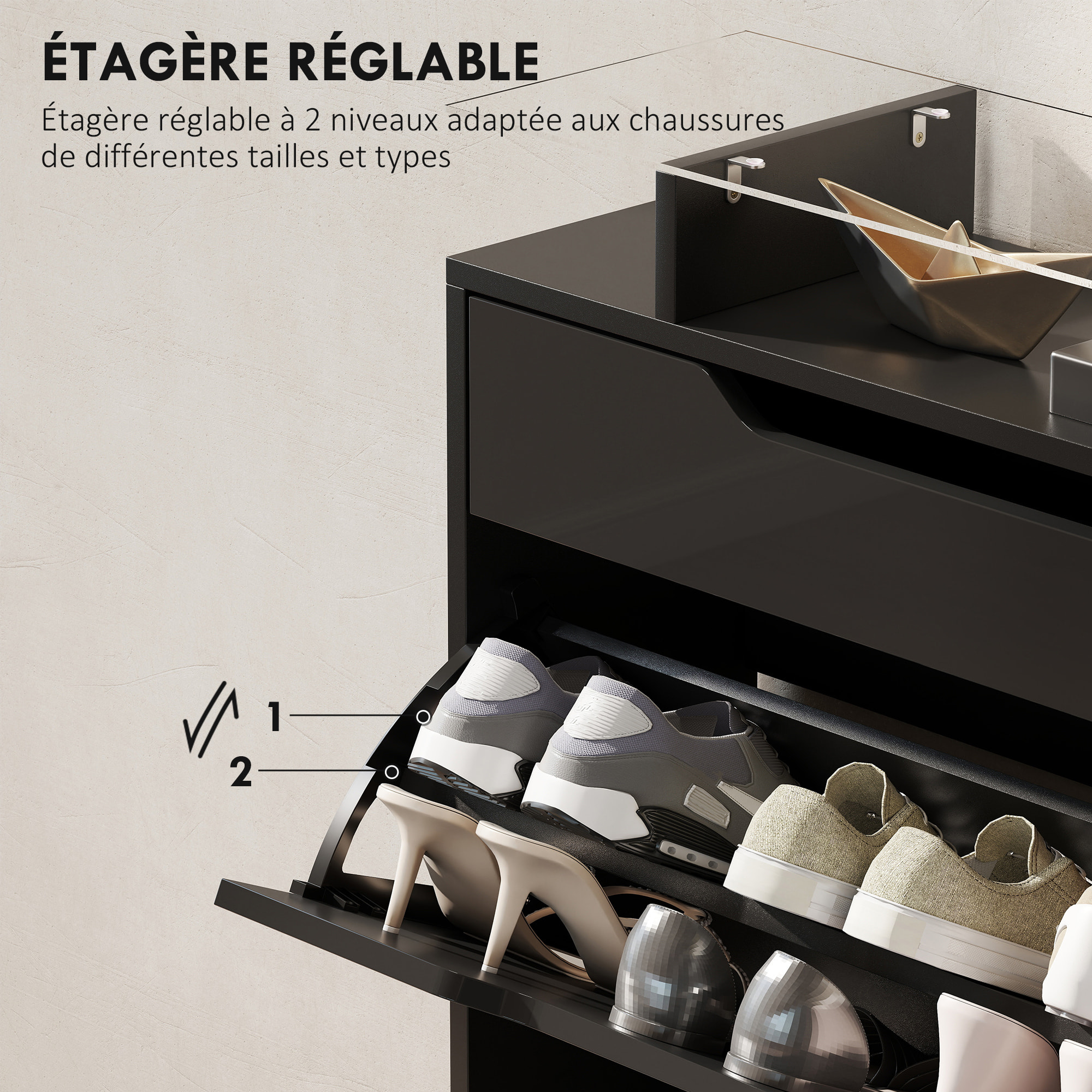 Armoire à chaussures 2 portes tiroir comptoir plateau verre noir