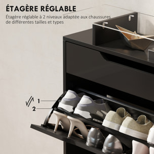 Armoire à chaussures 2 portes tiroir comptoir plateau verre noir