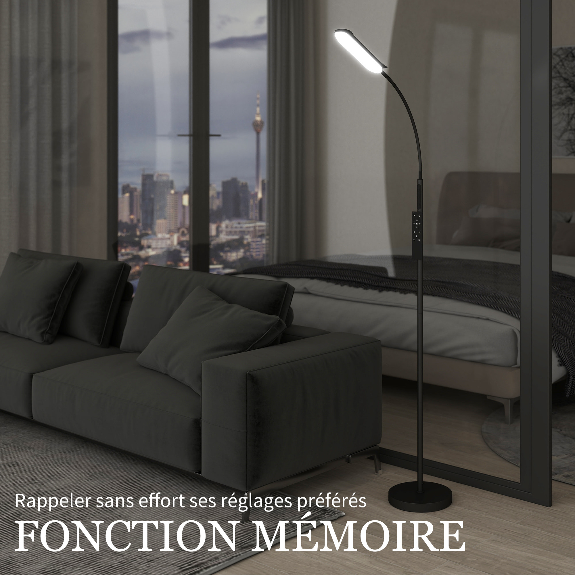 Lampadaire LED dimmable avec télécommande - contrôle tactile, réglable - H.175 cm - acier polycarbonate noir