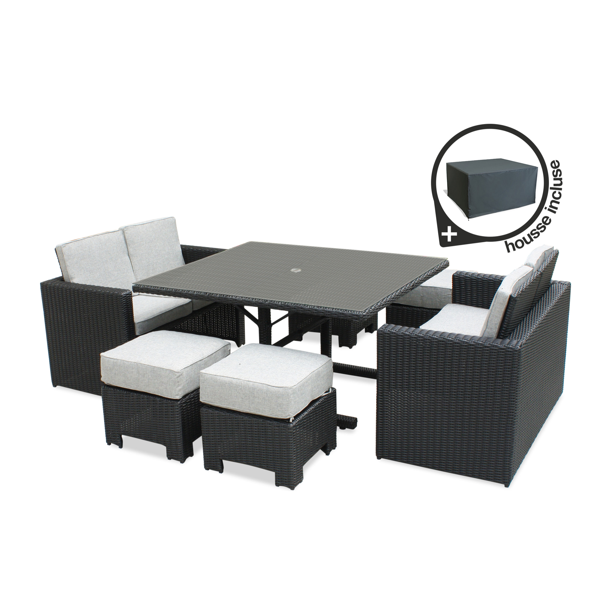 OCEANE - Ensemble repas encastrable 8 places en résine tresséee + housse