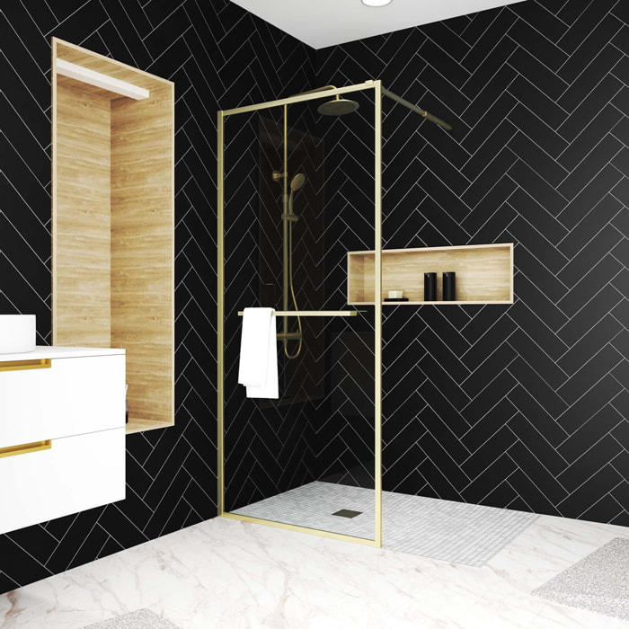 Paroi de Douche Or Doré Brossé 100x200cm - 6 mm - Porte-Serviette et Etagère