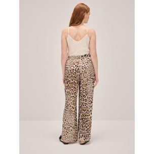 Oltre - Pantalones wide leg de raso animalier - Beige