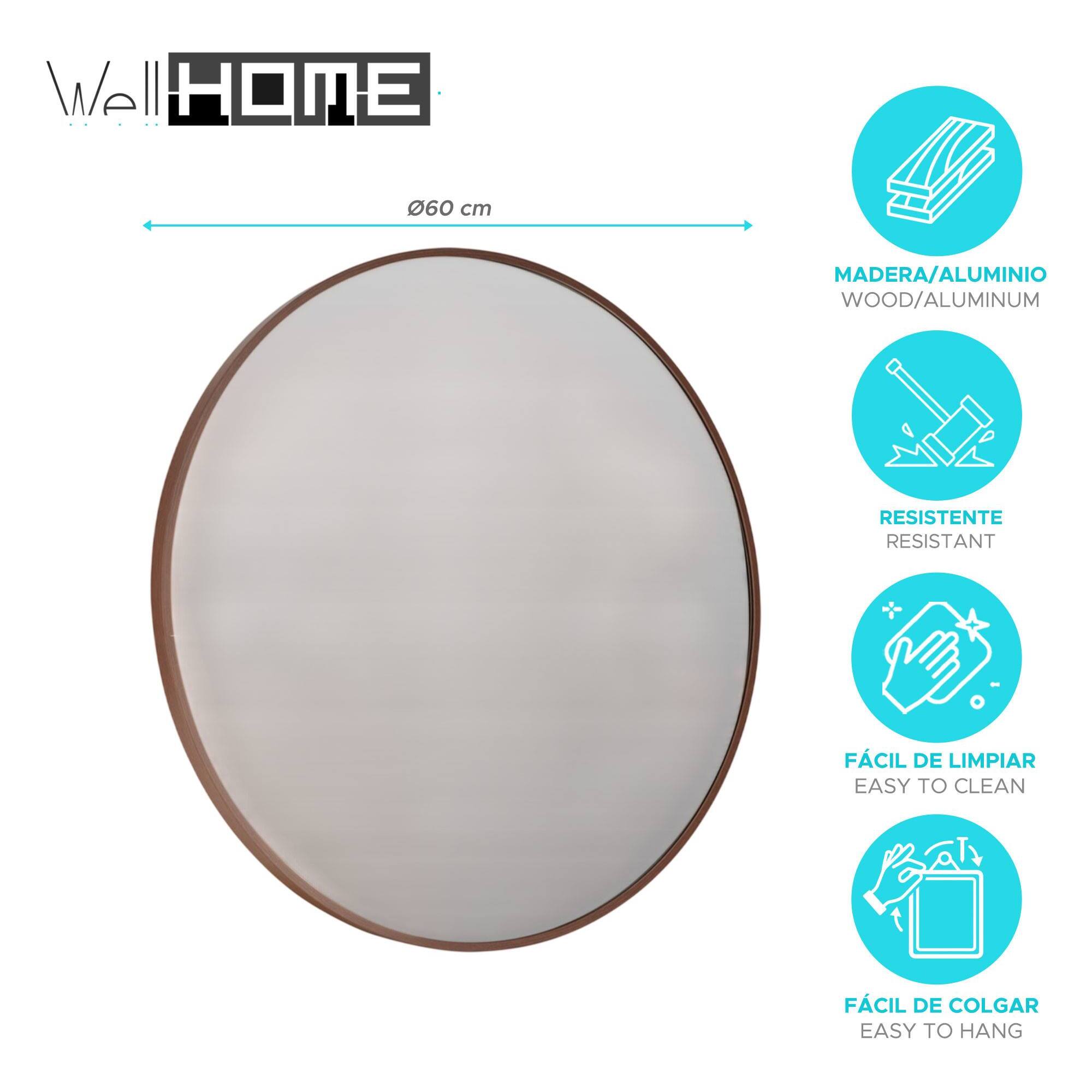 WELL HOME Espejo redondo Ø60cm marco de madera oscura, con gancho trasero, ideal para recibidor o baño