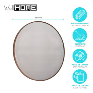 WELL HOME Espejo redondo Ø60cm marco de madera oscura, con gancho trasero, ideal para recibidor o baño