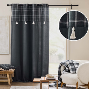 Rideau à œillets avec haut à carreaux et pompons en polycoton - Gris anthracite