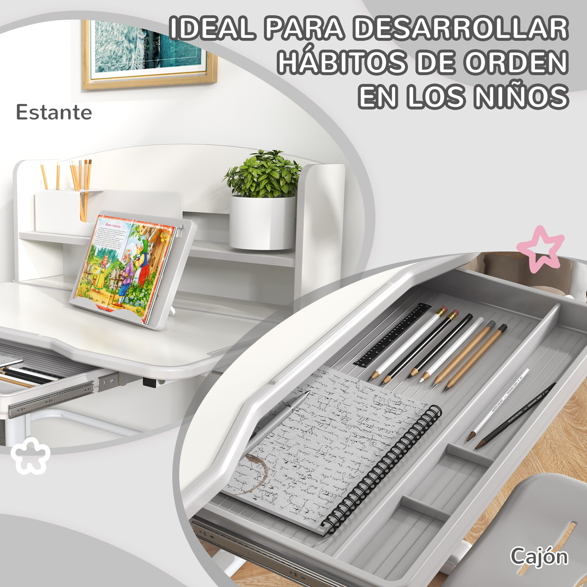 Juego de Escritorio y Silla para Niños de 6-12 Años Pupitre Infantil Altura Ajustable con 1 Cajón 1 Estante para Libros y Ángulo de Mesa Ajustable 80x54,5x82-104 cm Gris y Blanco