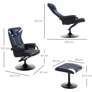 Fauteuil gamer inclinable pivotant avec repose-pied - coussins lombaires, tétière inclus - revêtement synthétique bleu noir