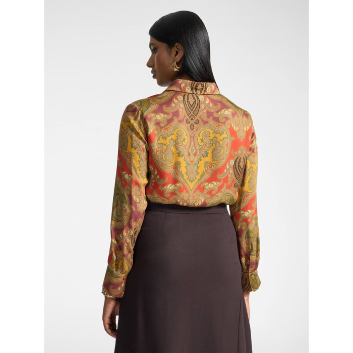 Elena Mirò - Camisa de raso estampada patchwork - Naranja sol