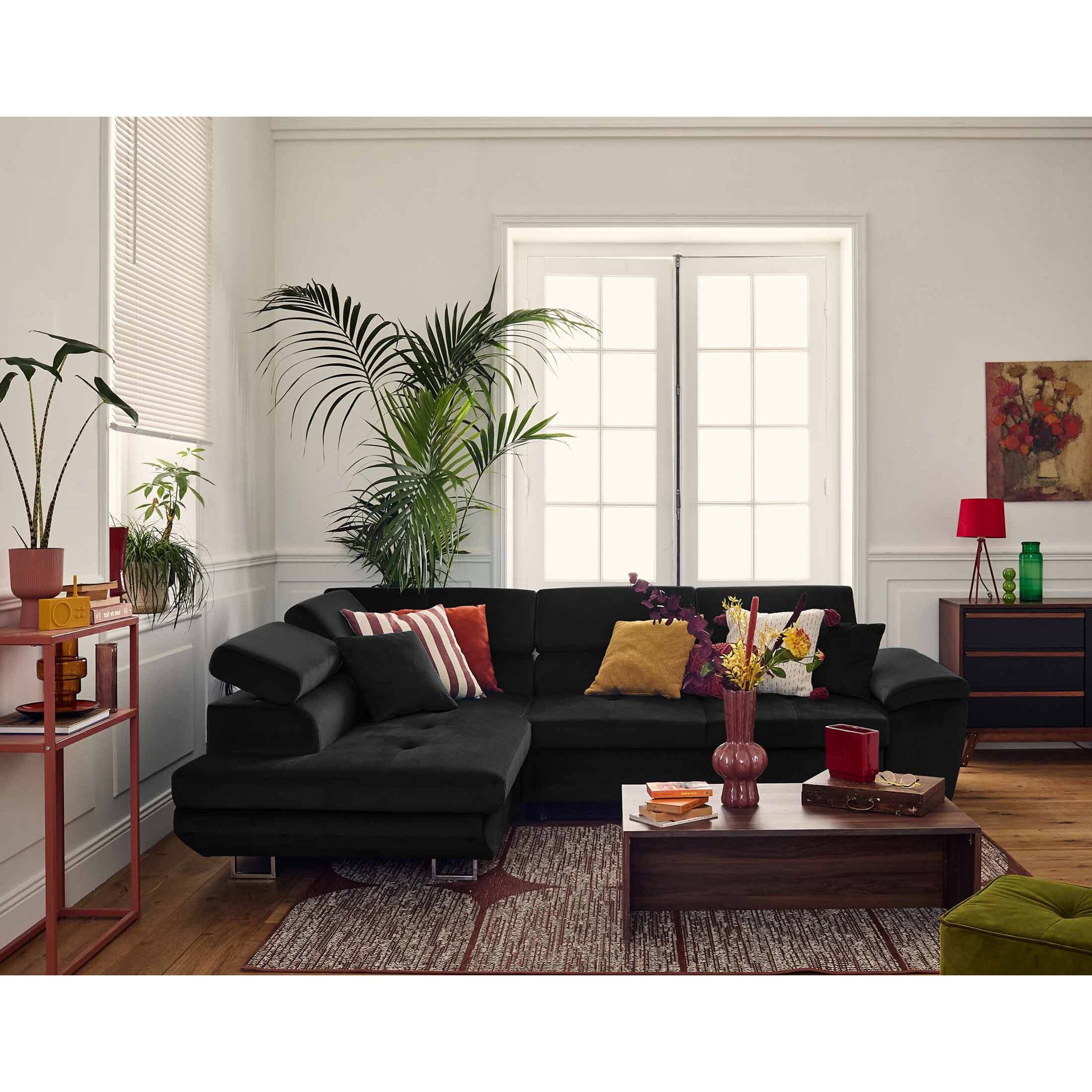 Dimas - canapé d'angle gauche 5 places - convertible avec coffre et têtières réglables - en velours - Noir