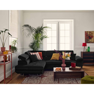 Dimas - canapé d'angle gauche 5 places - convertible avec coffre et têtières réglables - en velours - Noir