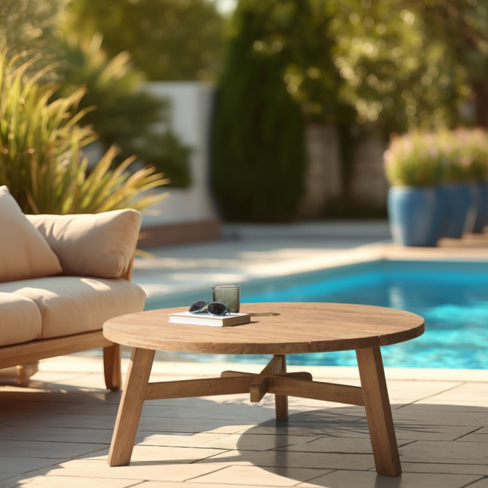 KALLY - Table basse de jardin ronde en bois de teck recyclé naturel D95cm
