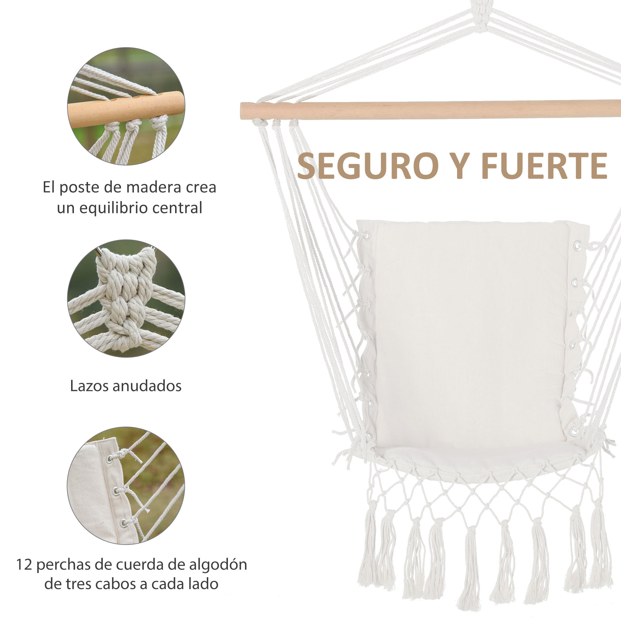 Silla Colgante con Borlas Silla Columpio de Algodón Carga 120 kg Sillón Colgante Estilo Moderno para Interior y Exterior Blanco