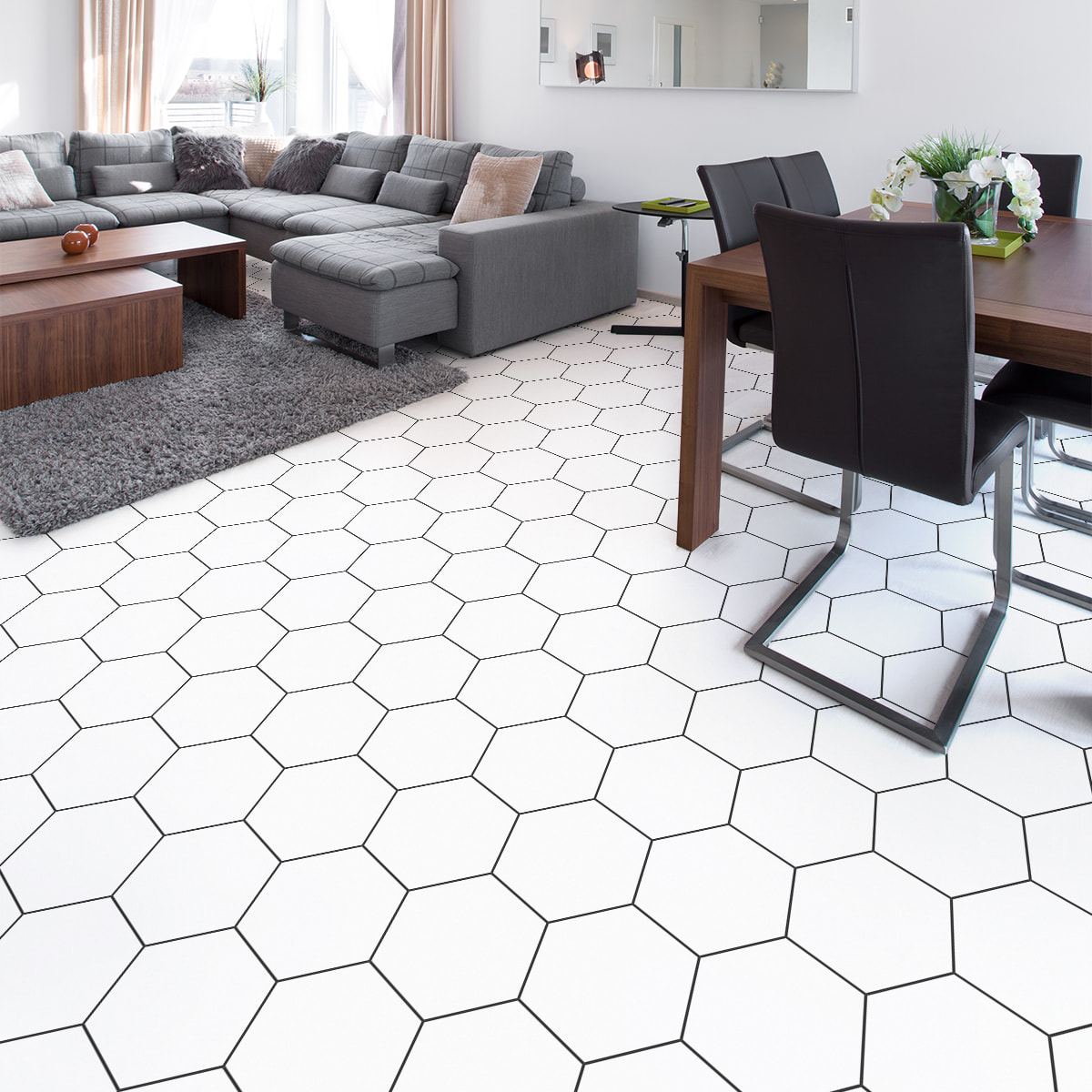 Sticker Sol avec laminat de Protection en Plastique Anti-dérapant | Stickers adhésif Sol - CARRELAGES BLANC DESSIN DES HEXAGONES - 1 sticker