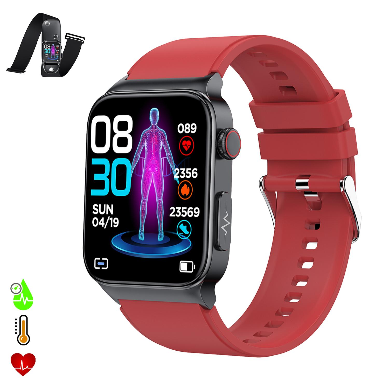 Smartwatch E500 con detección de glucosa en sangre, monitor de tensión y O2. ECG con medición en pecho. Pantalla de 1,8.