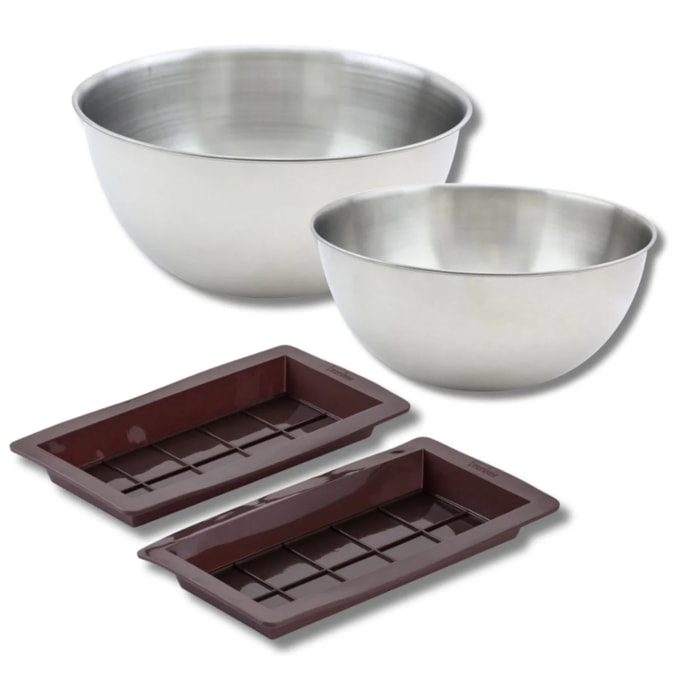 Ensemble comprenant 2 moules à chocolat, 1 spatule Zenker, 2 bols à mixer en inox Fackelmann