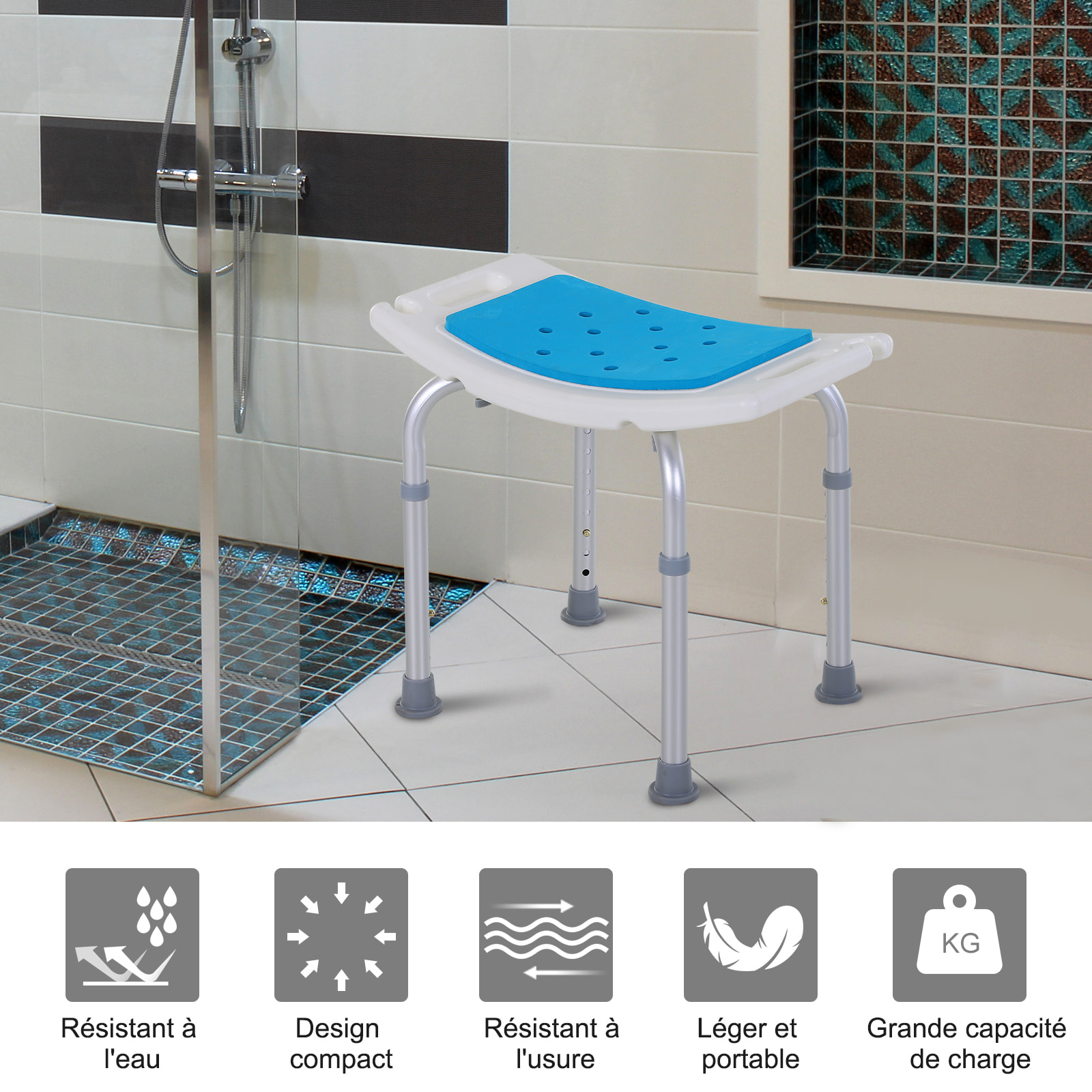 Siège de douche réglable en hauteur tabouret de douche ergonomique pieds antidérapants charge max. 136 Kg alu HDPE blanc bleu