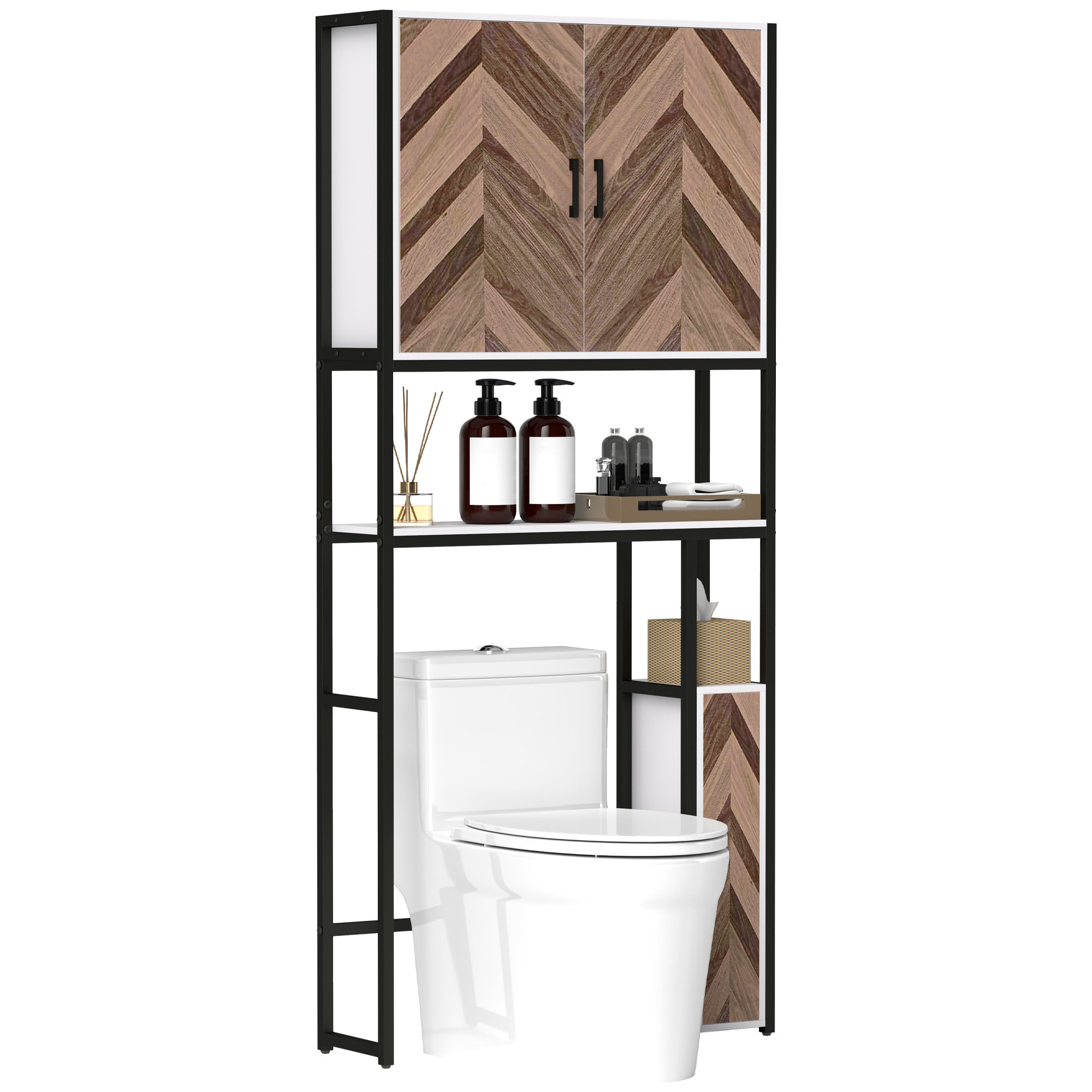Mueble sobre Inodoro Armario sobre Inodoro con 3 Puertas 2 Estantes Ajustables y Compartimento Abierto Mueble de Baño 79,5x23x178 cm Multicolor